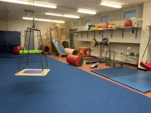 salle de gym, avec tapis, ballon et modules de jeu