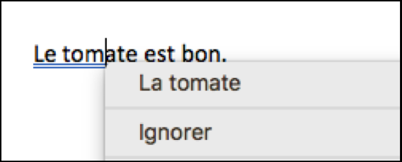 La phrase Le tomate est bon est écrite. Le vérificateur-correcteur grammatical a détecté une erreur de déterminant et l’a soulignée en bleu. Il affiche deux propositions dans une fenêtre: La tomate ou ignorer.