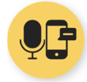 Cercle jaune dans lequel on aperçoit 3 pictogrammes: un micro, un cellulaire et un portable.
