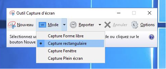 Image du menu Outil Capture d’écran (PC). 4 modes sont présentés dans le sous-menu contextuel: capture forme libre, capture rectangulaire, capture fenêtre et capture plein écran.