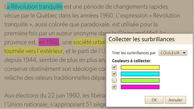 Capture d’écran présentant un texte dans lequel plusieurs groupes de mots ont été mis en surbrillance suivant un code de couleurs faisant références à trois catégories: jaune, turquoise et rose.