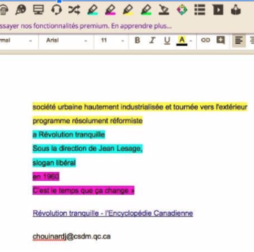 Dans l’image précédente on a surligné des groupes de mots selon un code de couleurs se référant à des catégories différentes. Dans cette image, les groupes de mots ont été extraits du texte et placés dans un autre document selon leur code de couleur.