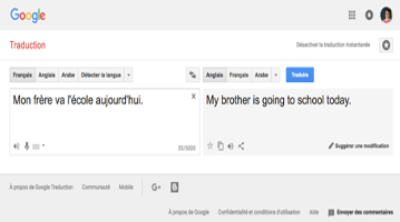 Capture d’écran présentant la traduction d’une phrase à l’aide de Google Traduction. La phrase Mon frère va à l’école aujourd’hui a été traduite par My brother is going to school today.
